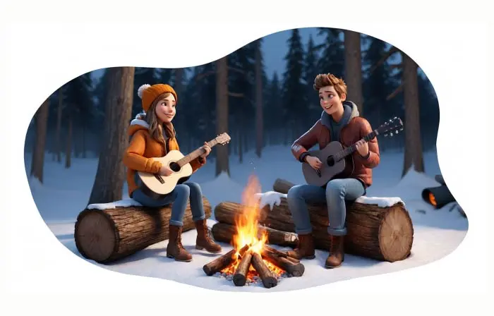 Young Couple by Bonfire Playing Guitar Cartoon 3D Character Art Illustration